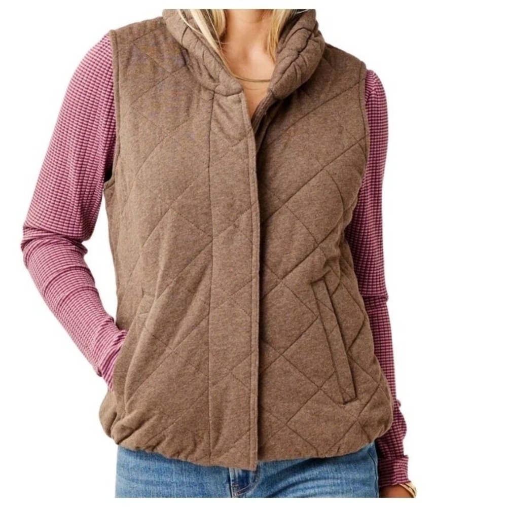 Carve Designs Brown Quilted Organic Cotton Snap Front Funnel Neck Vest XL NWOT